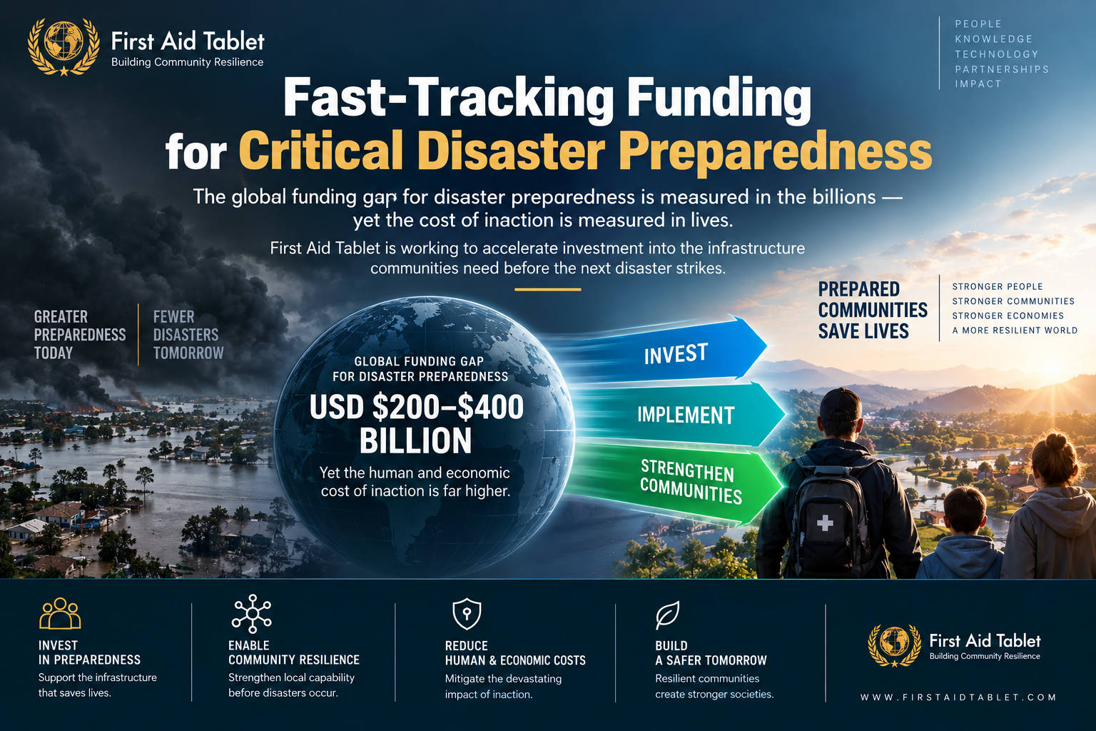 Fast-Tracking Funding for Critical Disaster Preparedness — First Aid Tablet infographic showing the USD $200–$400 billion global funding gap and the Invest, Implement, Strengthen Communities pathway